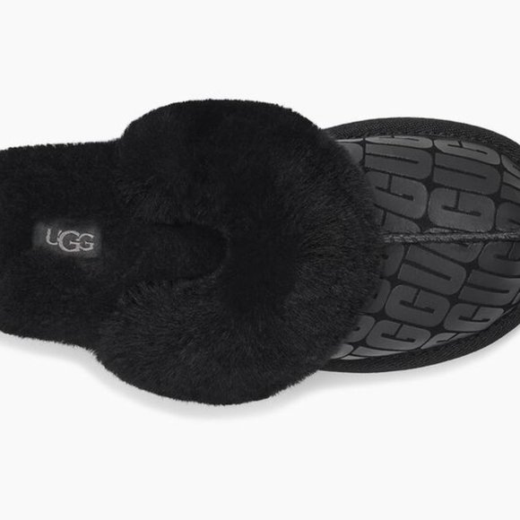 NIB‎ UGG LOGO WOMEN'S SUEDE SHEARLING COZY SLIDE SLIPPERS BLACK - Picture 2 of 11